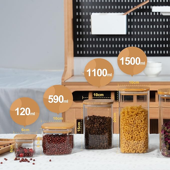 41oz Airtight Glass Square Storage Canister with Bamboo Lid Set of 4 (1200ml) Container Stackable Jar, Kitchen Canister for Pantry Noodles, Flour and Coffee beans (with Black Lable)-CasaMuseHome