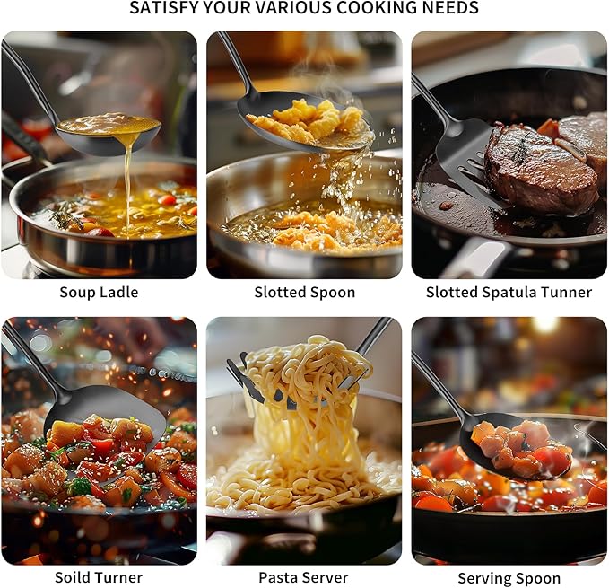 304 Stainless Steel Cooking Utensil,Kitchen Kitchen Utensil with Spatula, Solid Spoon, Ladle, Skimmer, Spaghetti Spoon, 6 Piece Set, Dishwasher Safe(Black)-CasaMuseHome