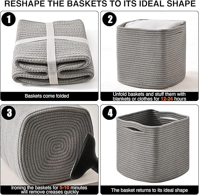 11 Inch Cube Storage Bins, Storage Cube Organizer Bins, Woven Cotton Rope Basket for Storage, Storage Baskets for Organizing Shelves, Grey Baskets for Toys Nursery, Grey (Pack of 3)-CasaMuseHome