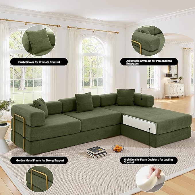 108" Oversized Convertible Sleeper Sofa Bed, Corduroy L Shape Sectional Couch, Folding Sofa Bed with Side Pocket, Modern Cloud Floor Mattress Couch, Modular Sofa for Living Room, Green-CasaMuseHome