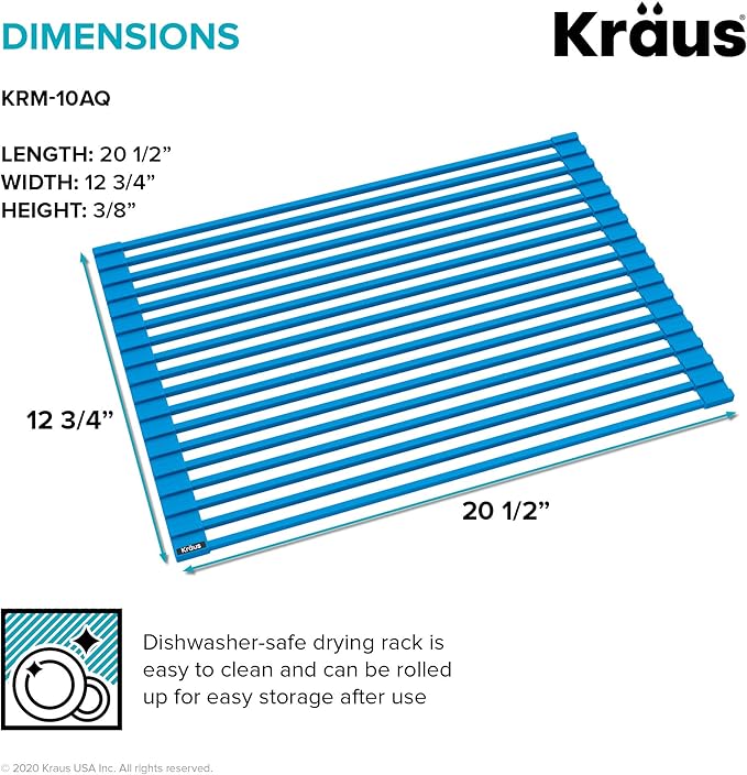 KRAUS Multipurpose Over-Sink Roll-Up Dish Drying Rack, Colander and Trivet in Aqua, KRM-10AQ