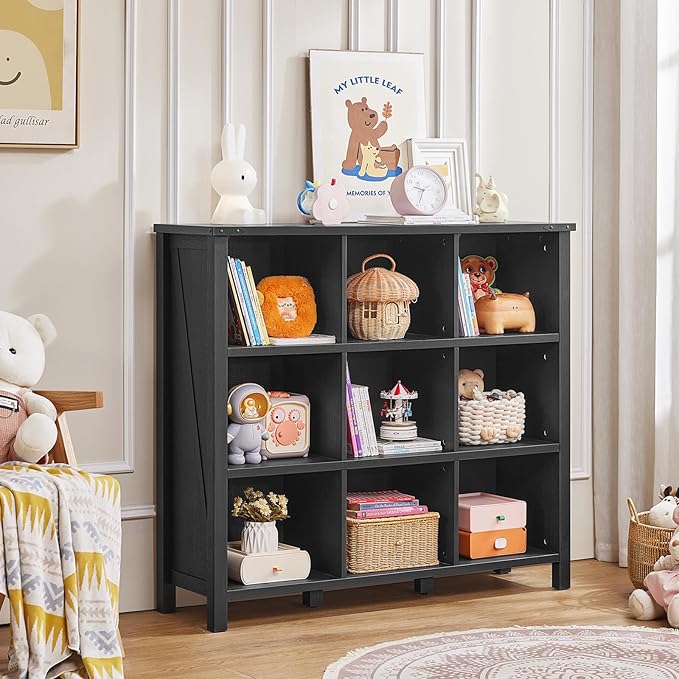 9 Cube Bookcase, Farmhouse 47 Inch Wide Black Bookshelf, Wooden 3 Tier Display Large Open Book Shelf, Vintage Horizontal Book Case for Home Office, Cubby Storage Cabinet for Living Room-CasaMuseHome