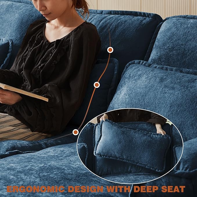 113" Oversized Cloud Couch, U Shape Sectional 4 Seat Sofa with Double Chaises, 2 Layer Cusions, Deep Seat Comfy Sofa, Upholstery Chenille Fabric for Living Room, Blue-CasaMuseHome