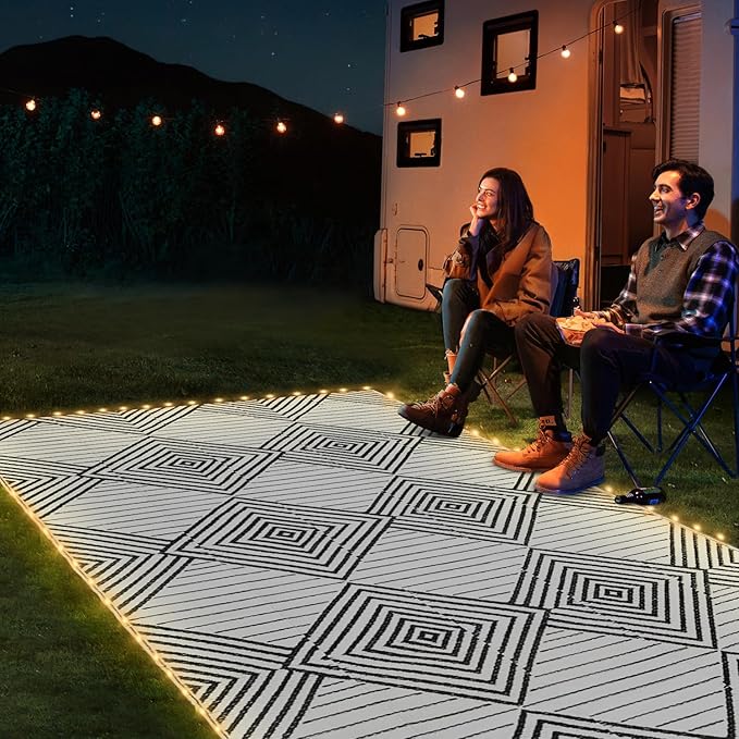 6x9ft Waterproof Outdoor Rug with LED Lights, Foldable Reversible Plastic Straw Mat for Patio RV Camping Picnic Balcony Beach Deck Indoor Outdoor Carpet, Black&White-CasaMuseHome
