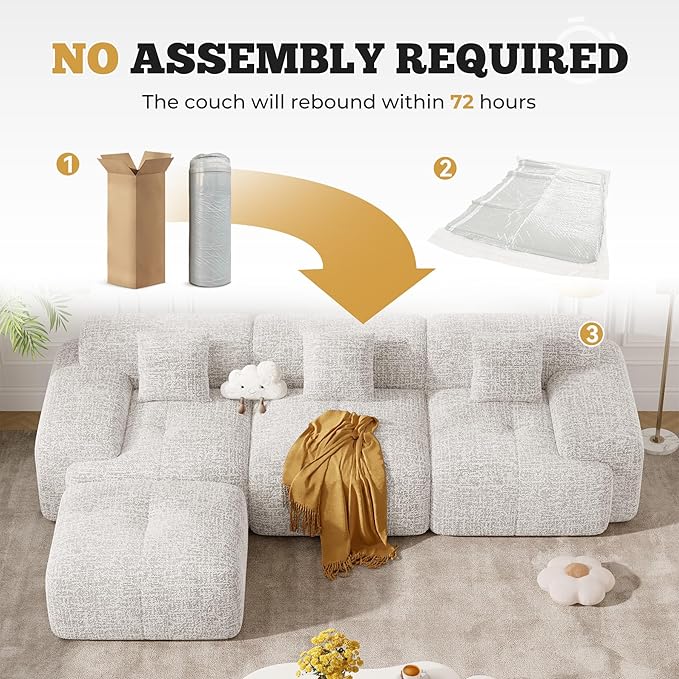 122" Modern L Shaped Modular Sectional Sofa, Boneless Couches for Living Room with Ottoman,4 Seater Convertible Chenille Cloud Couch Sofa Set, No Assembly Required, Beige 1 PCS-CasaMuseHome