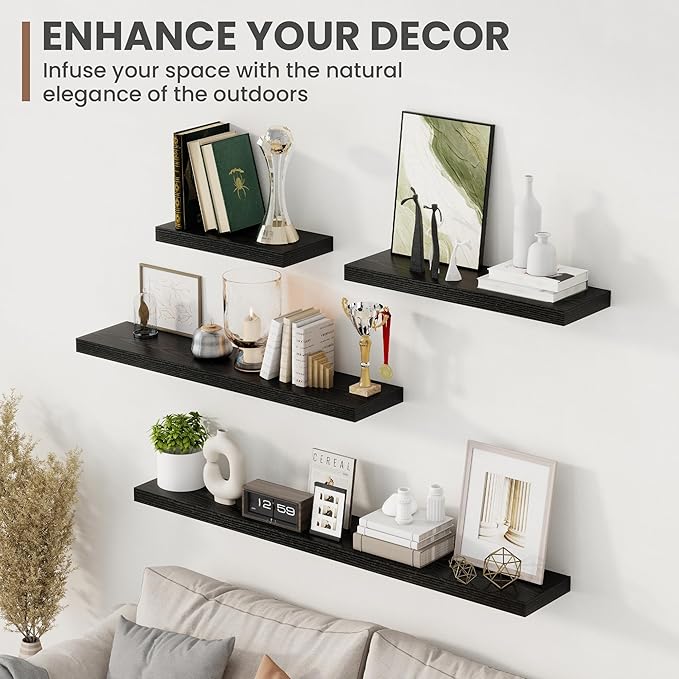 48 Inch Floating Shelves, 8 Inch Deep Floating Shelves for Wall, Hanging Shelf with Invisible Brackets, Deep Shelves for Bathroom, Bedroom, Living Room, Black, Set of 1-CasaMuseHome