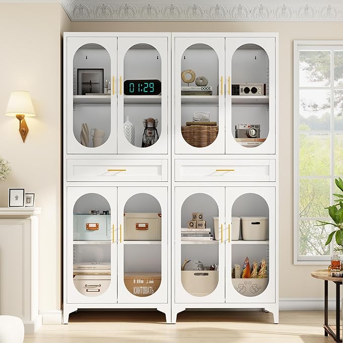 75” Tall Kitchen Pantry Storage Cabinet, Metal Storage Cabinet with 1 Drawer and Adjustable Shelves, Kitchen Pantry Cupboard, Freestanding Cupboard for Bathroom (White-4 Doors and 1 Drawer)-CasaMuseHome