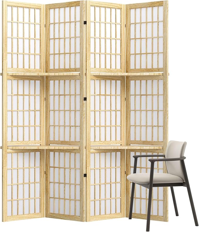 5.6FT Room Divider and Folding Portable Partition Screen, Chinese Japanese Shoji Style with Three Display Shelves for Room Separation - 4 Panel (Natural)-CasaMuseHome