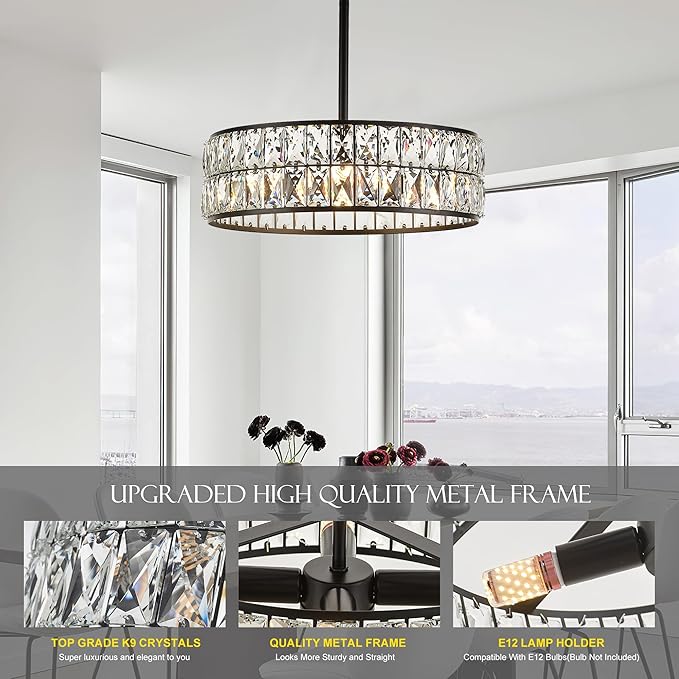 16” 4-Light Modern Crystal Chandeliers Black Dinning Room Light Fixture with Two Rods, Round Pendant Light Kitchen Island Chandelier, Flush Mount Ceiling Light for Living Room Entryway-CasaMuseHome