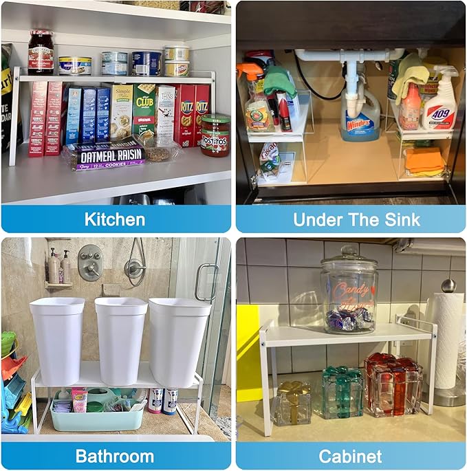 9'' Wide Expandable Cabinet Shelf Organizer Rack Adjustable Length 14''-26'' Pantry Shelf Spice Rack Heavy Duty Nonslip Kitchen Counter Storage Shelves Pantry Cupboard Under Sink Countertop White-CasaMuseHome