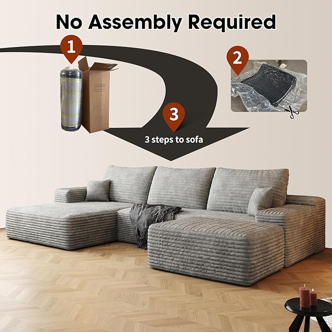 108" Sectional Couches for Living Room Modern Modular Sofa with L-Shape Couchs Upholstered Boneless Couch Deep Seat Sectional Couch with Chaise (Grey, Left Facing Chaise+2Seaters+1Ottoman)-CasaMuseHome