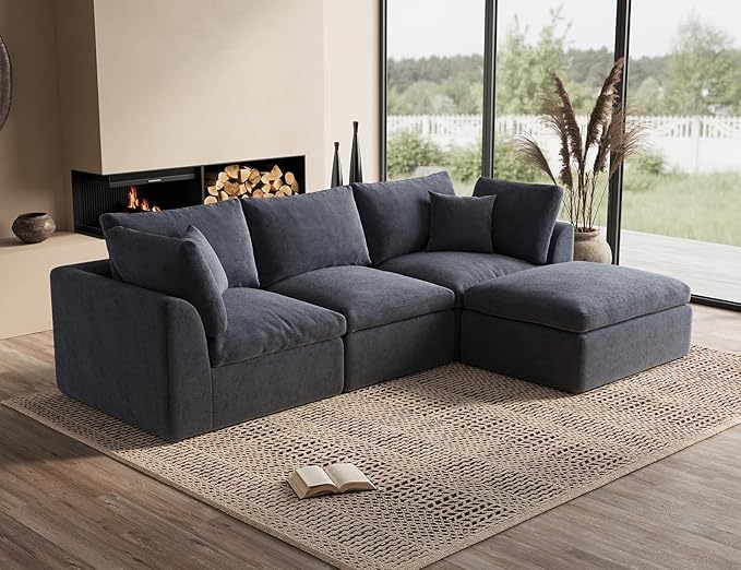 110 Inch Cloud Sectional Couches for Living Room, Convertible L Shaped Couch with Ottoman, 3 Seater Modular Sectional Sofa, Grey-CasaMuseHome