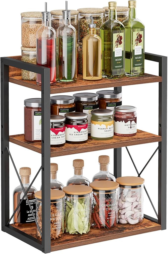 3-Tier Kitchen Spice Rack Organizer for Countertop, Coffee Counter Shelf, Mug Shelf, Bathroom Counter Organizer, Makeup Organizer, Rustic Brown and Black-CasaMuseHome