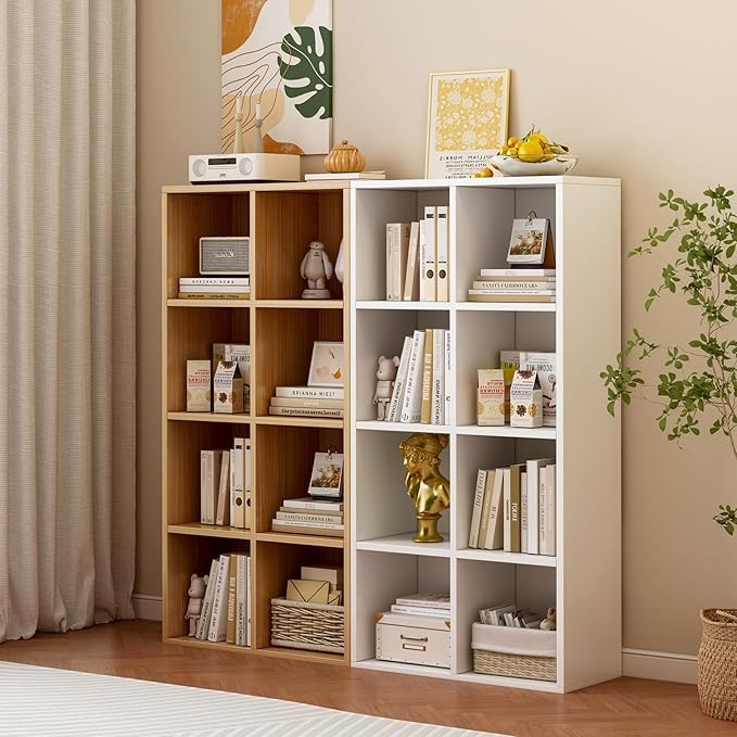 8-Cube Storage Shelf Bookcase - Wooden 4-Tier Floor Standing Open Bookshelf for Home and Office, Display Cabinet, Oak-CasaMuseHome