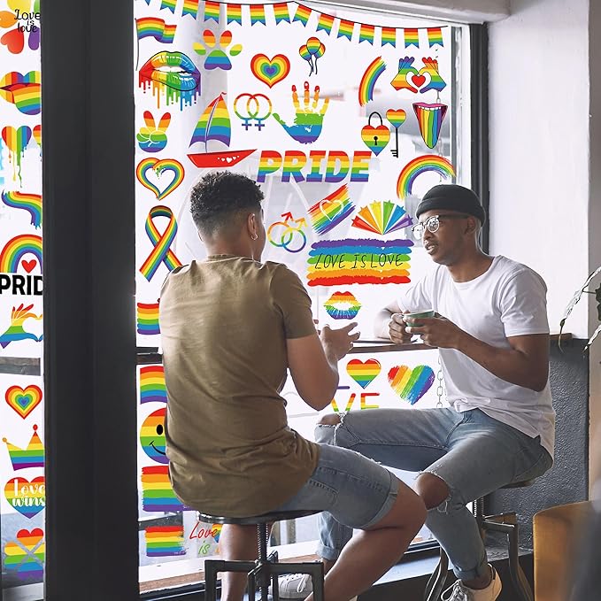 9 Sheets LGBT Rainbow Window Clings, Pride Decorations Window Cling, Gay Love Heart Stickers, Double-Side Pride Wall Clings Decals for Pride Day LGBTQ Rainbow Party Parades Supplies Decor-CasaMuseHome