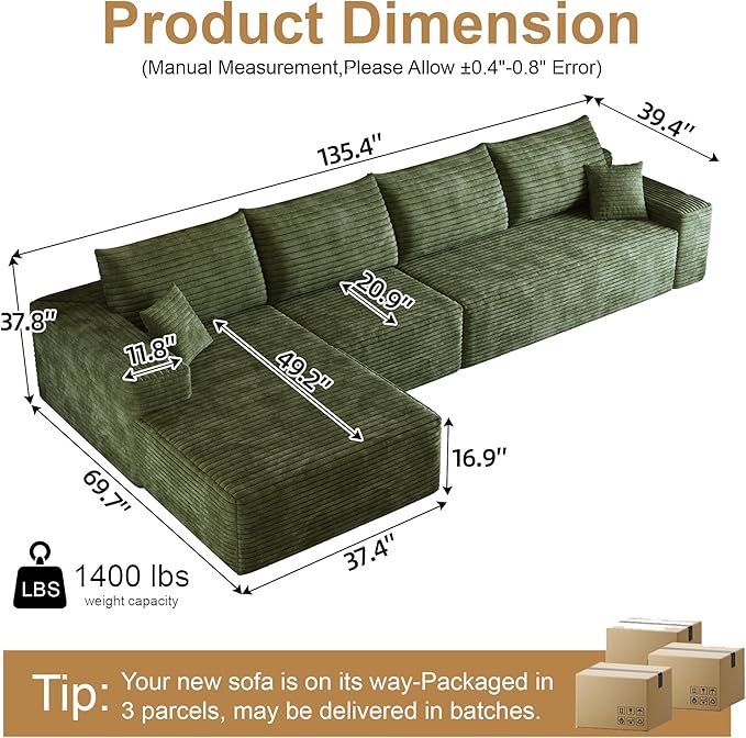 108" Sectional Couches for Living Room Modern Modular Sofa with L-Shape Couchs Upholstered Boneless Couch Deep Seat Sectional Couch with Chaise (Green, Left Facing Chaise+3Seaters)-CasaMuseHome