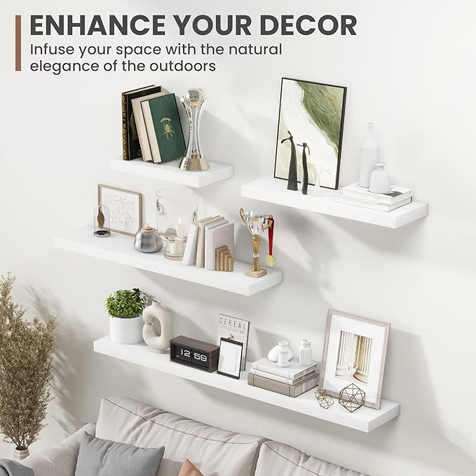 36 Inch Floating Shelves, 8 Inch Deep Floating Shelves for Wall, Hanging Shelf with Invisible Brackets, Deep Shelves for Bathroom, Bedroom, Living Room, White, Set of 2-CasaMuseHome