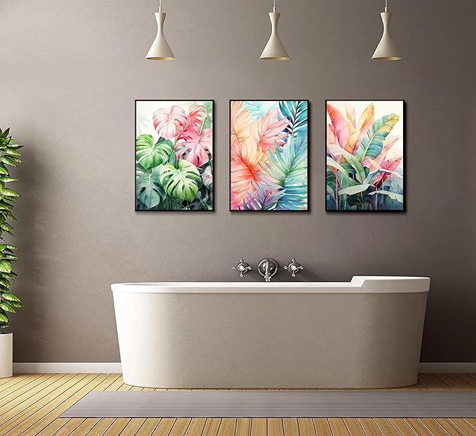 3pcs Tropical Botanical Canvas Wall Art Monstera Leaves Posters Botanical Prints Bohemian style Wall Decor Pictures Palm Leaves Paintings for Bathroom living room Decoration Unframed-CasaMuseHome