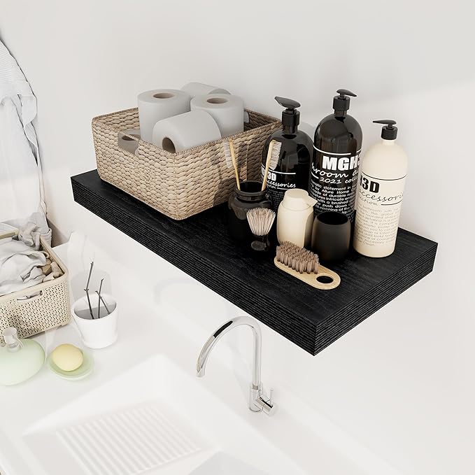 12 Inch Deep Black Floating Shelves, 24 x 12 Floating Shelf for Books, Rustic Wood Deep Wall Shelves for Home Storage & Display, 2" Thicked Shelves for Kitchen, Living Room, Bedroom, 2 Pack-CasaMuseHome