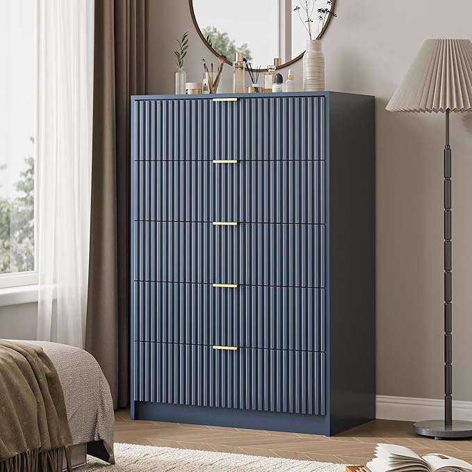 5 Drawer Dresser for Bedroom, Tall Dresser Chest of Drawers with Gold Handles, 32 Inch Wide Nightstand with for Bedroom, Living Rooms, Offices, and Entryways, Navy Blue-CasaMuseHome