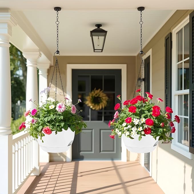 2 Pack 12 Inch Large Hanging Planters with Chains Self Watering White Plastic Hanging Pots for Indoor Outdoor Plants, Garden Porch Home Decor,White-CasaMuseHome