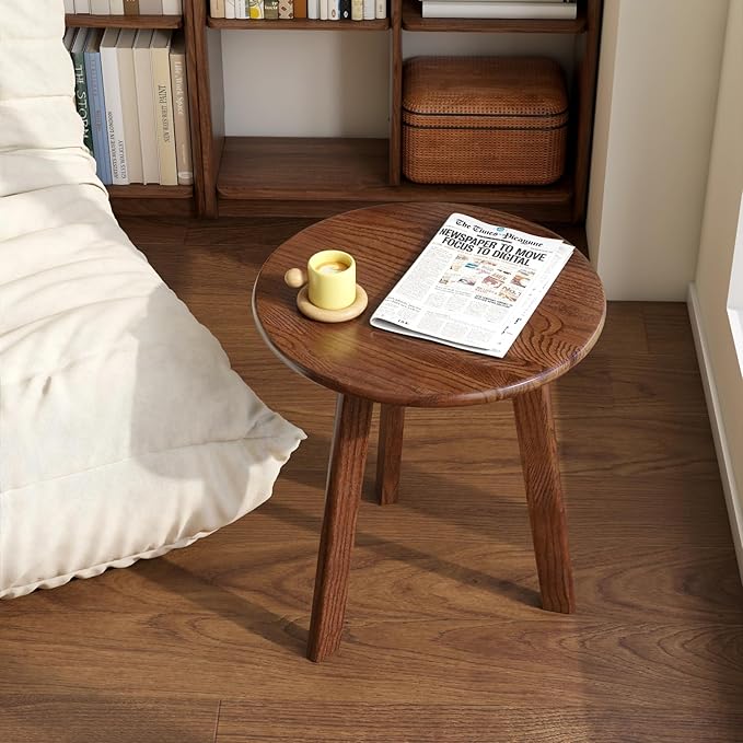 100% Solid Oak Round Side Table, Small Bedside Table for Small Spaces, Living Room End Table with Stable Frame, Modern Nightstand for Bedroom Couch, (Walnut, 17.71" D x 19.68" H)-CasaMuseHome