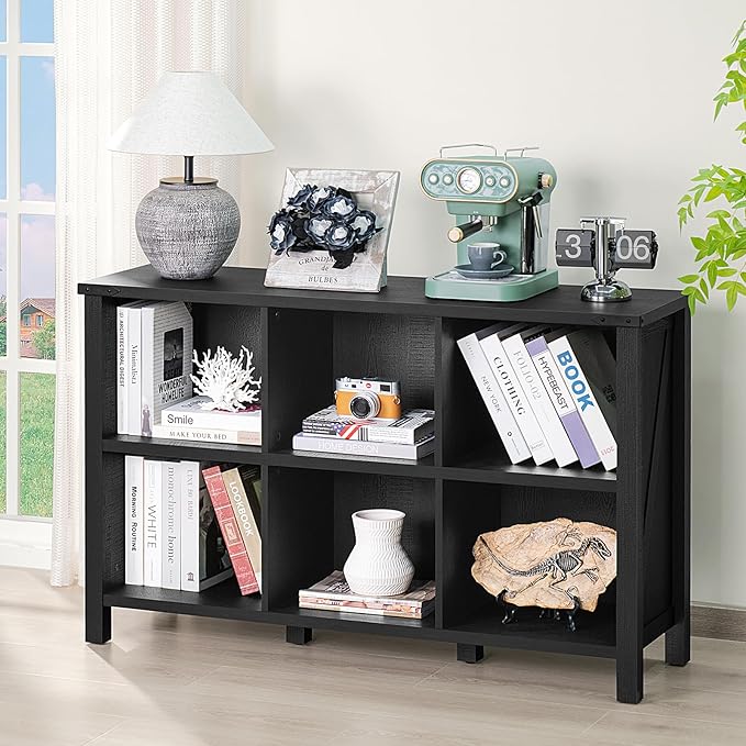 6 Cube Bookcase, Farmhouse Wood Low Storage Organizer Book Shelf, Black 47" Horizontal Console Bookshelf with Legs, Hallway Book Case for Entryway, Display Cabinet for Living Room, Office-CasaMuseHome