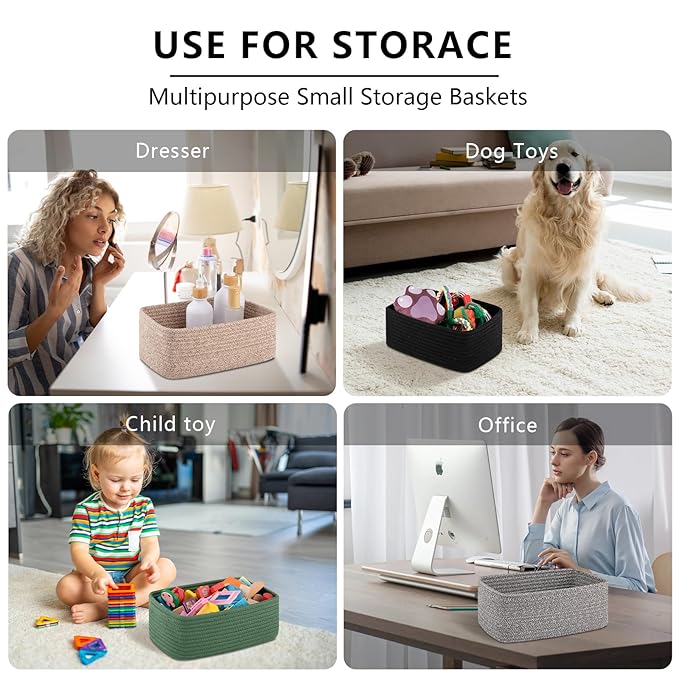 4 Pack Small Storage Shelf Baskets for Organizing, Mini Woven Rope Storage Bins for Towels, Cute Decorative Closet Organizer,Baby Nursery, Gift Empty Baskets -11.81''Lx7.87''Wx4.72''H-White-CasaMuseHome