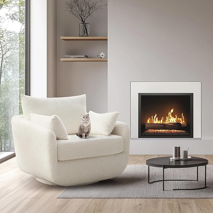 360° Swivel Accent Armchair, 39.3" Oversized, Sherpa Boucle Fabric Sofa Chair with Removable Back & Arm Pillows, Swivel Chair with Cozy Soft Padded, No Assembly Required (1, Cream White)-CasaMuseHome