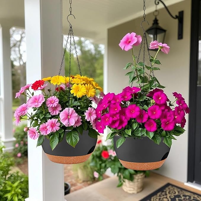 2 Pack Hanging Planters for Indoor Outdoor Plants, 12 Inch Self Watering Hanging Pot with Drainage Holes and Saucer, Plastic Plant Pots, Black Brown Flower Pots for Kitchen, Balcony, Garden-CasaMuseHome