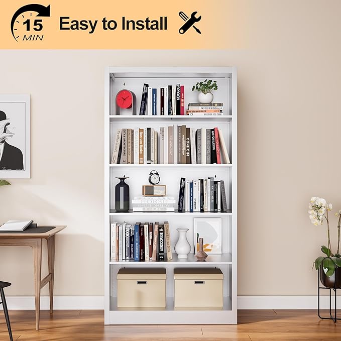 66" Tall Metal Bookcase, 5 Shelf White Bookcase with Adjustable Shelves, Large Bookshelves and Bookcases, Modern Book Shelf Storage Organizer for Living Room, Home Office, Library-CasaMuseHome