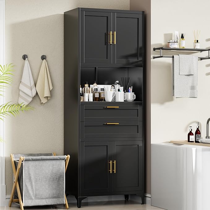 75” Tall Kitchen Pantry Storage Cabinet, Metal Storage Cabinet with 2 Drawers and Adjustable Shelves, Kitchen Pantry Cupboard, Freestanding Cupboard for Bathroom, Living Room(Black)-CasaMuseHome