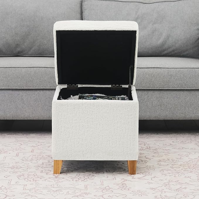 Adeco 18 Inch High Faux Fur White Cube Ottoman Storage, 3D Embossed Velvet Chair Foot Stools, Upholstered Vanity Stool with Hinged Lid, Solid Wood Legs-CasaMuseHome