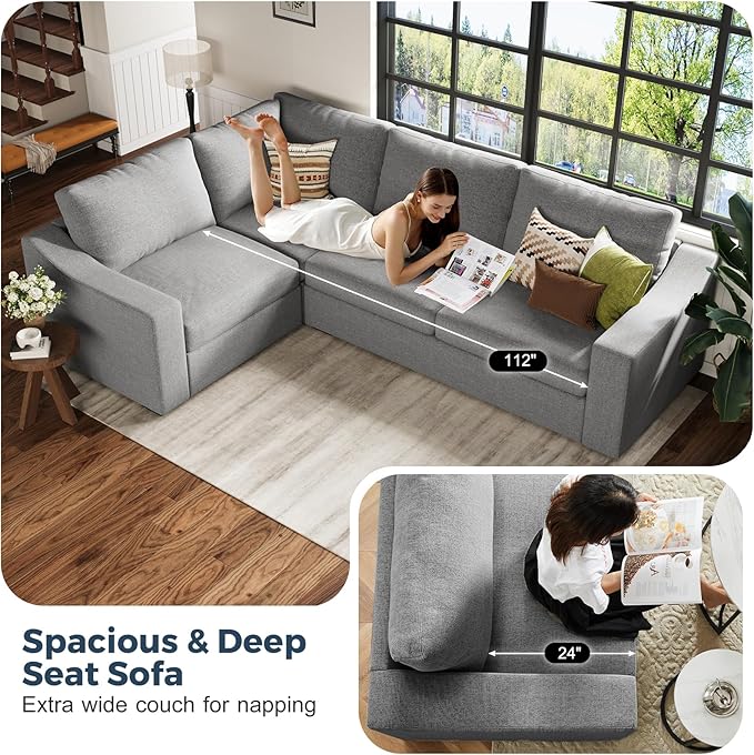 112" Convertible Sectional Sofa, Large L Shaped Couch with Detachable Sofa Cover, Modular Couch for Living Room, Breathable Linen Fabric Corner Sofa for Apartment, Grey-CasaMuseHome