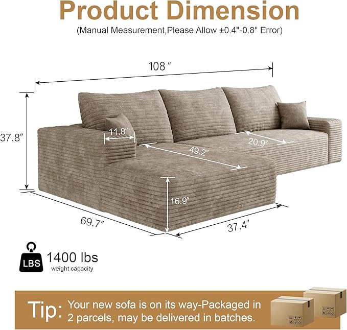 108" Sectional Couches for Living Room Modern Modular Sofa with L-Shape Couchs Upholstered Boneless Couch Deep Seat Sectional Couch with Chaise (Camel, Left Facing Chaise+2Seaters)-CasaMuseHome
