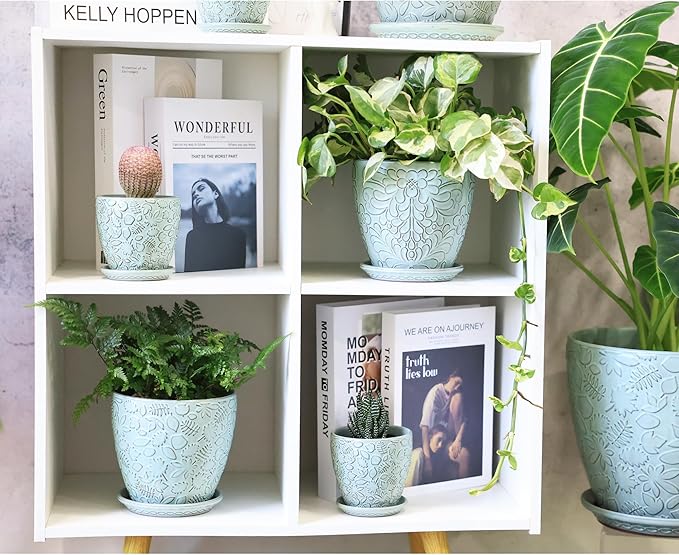 6 Inch Retro Ceramic Planter Set of 2 with Drainage Hole and Saucer for Plants, Indoor-Outdoor Garden Pots for Succulent, Orchid, and Flower (Fits Inner Pots Up to 5 Inches, Retro Green)-CasaMuseHome