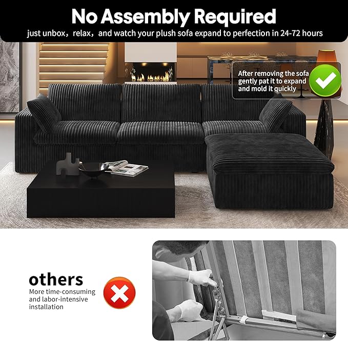 118" L Shaped Modern Sofa Modular Sectional Cloud Couch with Ottoman,Deep Seat Upholstered Couches with Plush Corduroy Fabric for Living Room Furniture,Bedroom and Apartment,No Assembly Required,Black-CasaMuseHome