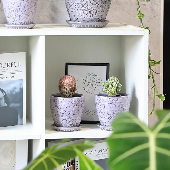 4 Inch Retro Ceramic Planter Set of 4 with Drainage Hole and Saucer for Plants, Indoor-Outdoor Small Garden Pots for Succulent, Herb and Flower (Fits Inner Pots Up to 3 Inch, Retro Purple)-CasaMuseHome