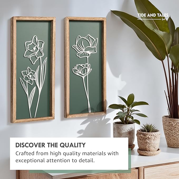 3D Floral Green Wall Art (Set of 2) Lightweight, Wooden Ready-to-Hang Boho Framed Wall Art for Bathroom, Bedroom, Living Room or Office – Premium Sage Green Farmhouse Decor – Gift-Boxed-CasaMuseHome