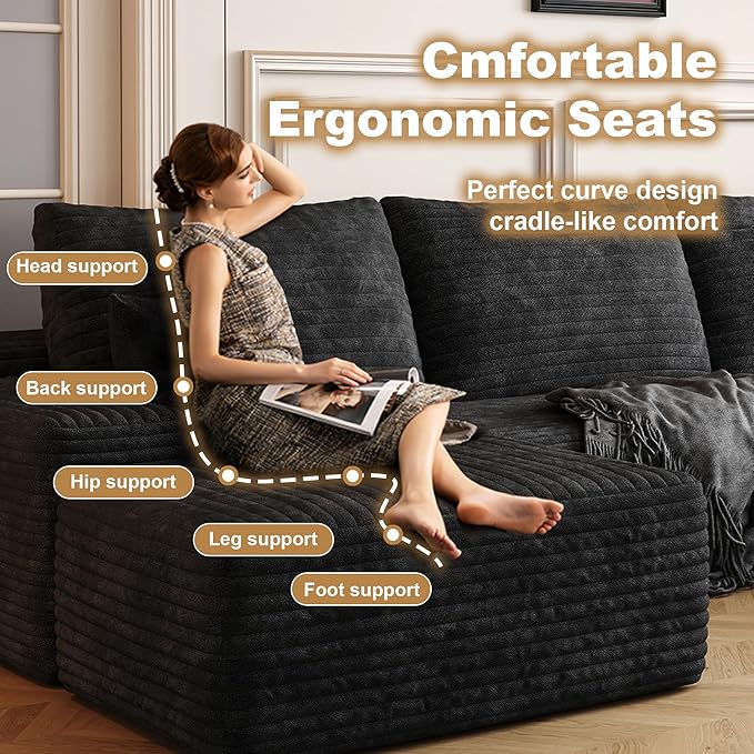 108" Sectional Couches for Living Room Modern Modular Sofa with L-Shape Couchs Upholstered Boneless Couch Deep Seat Sectional Couch with Chaise (Black, Right Facing Chaise+2Seaters+1Ottoman)-CasaMuseHome