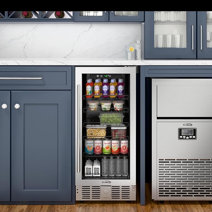 KoolMore 15” Inch Small Built-In Refrigerator and Beverage Cooler for Soda Cans, Beer Cans, Food and Fresh Snacks, 5 Wire Shelves, Adjustable Temperature Range (KM-BIR3C-GD), Stainless Steel