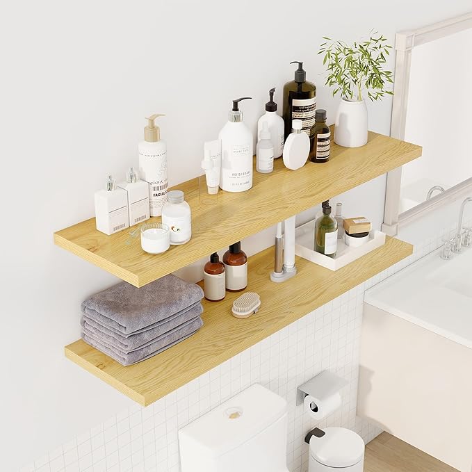 48" Floating Shelves for Wall, 12" Deep Slim Oak Floating Shelves, Wall-Mounted Shelves for Bedroom, Living Room, Kitchen, Bathroom - Set of 2-CasaMuseHome