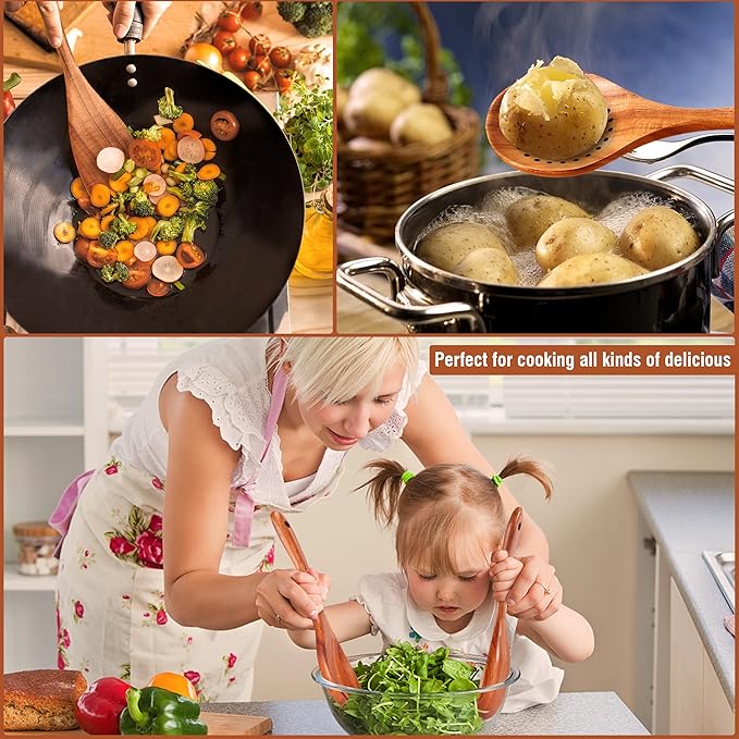 9 Piece Natural Teak Wooden Kitchen Utensil Set with Spoon Rest - Comfort Grip Cooking Spoons and Utensils Holder-CasaMuseHome