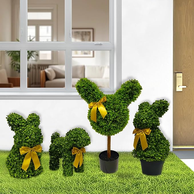 2 Pcs Artificial Bunny Shaped Topiary Trees, Artificial Green Boxwood Bunny Decorations with Gold Bow, Perfect for Indoor & Outdoor Front Porch, Easter& Garden Decor (Bunny Tree with Base)-CasaMuseHome