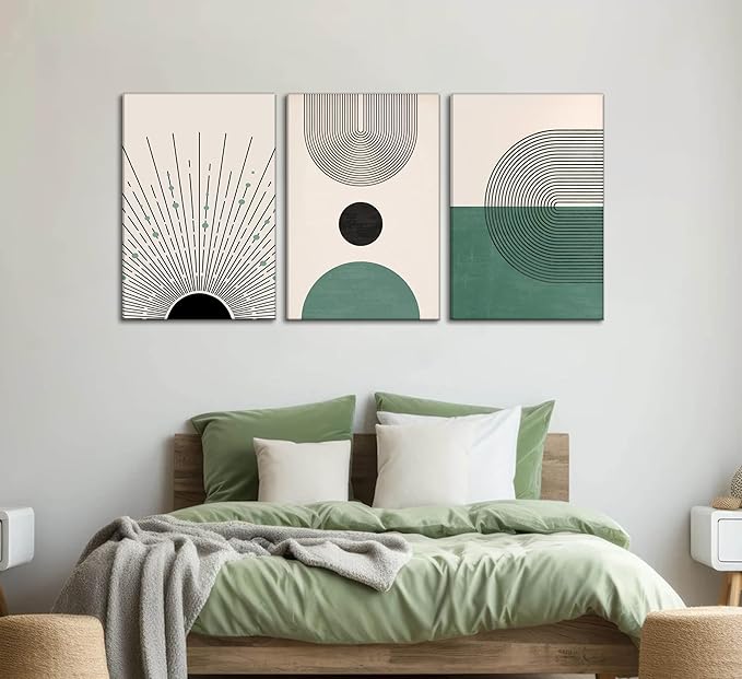 3 Pcs Sage Green Boho Canvas Wall Art Modern Abstract Minimalist Neutral Bohemian Sun Geometric Line Painting Picture Wall Decor Poster Print Artwork for Living Room Bedroom Home Decoration-CasaMuseHome
