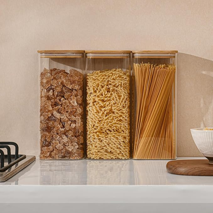 71oz Rectangle Airtight Glass Storage Containers with Bamboo Lids (Set of 4), Square Food Storage Jar, Pantry Organizers for Sugar, Flour, Spaghetti and Coffee beans (with Black Lable)-CasaMuseHome