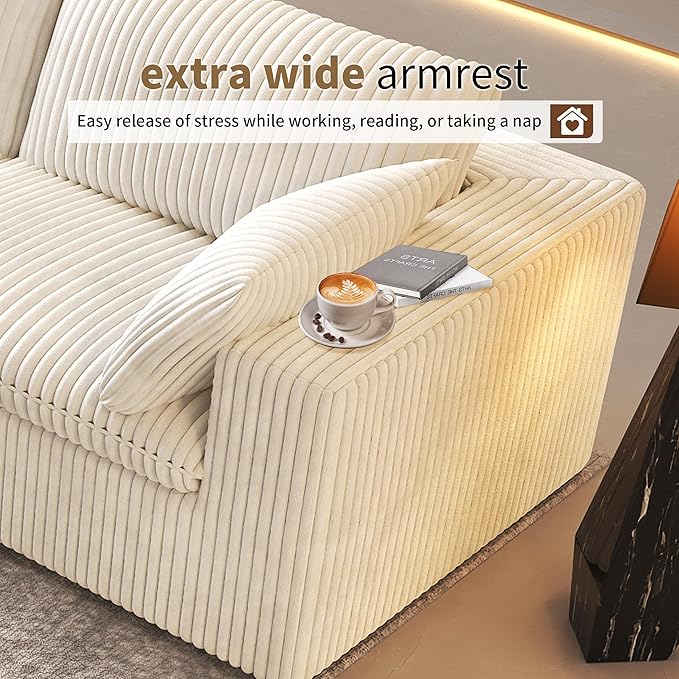 157.5" L Shaped Modern Sofa Modular Sectional Cloud Couch with Ottoman,Deep Seat Upholstered Couches with Corduroy Fabric for Living Room Furniture,Bedroom and Apartment,No Assembly Required,White-CasaMuseHome