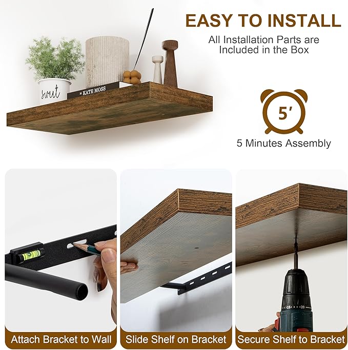 30 Inch Floating Shelves, Rustic Floating Wall Shelves 8 Inch Deep, 30 x 8 Floating Shelves for Home Decor, Deep Storage Shelves for Kitchen, Bathroom, Living Room, Rustic Brown Color, Set of 2-CasaMuseHome