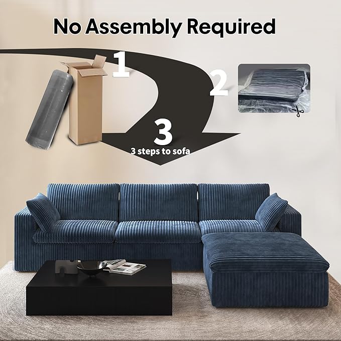 118" L Shaped Modern Sofa Modular Sectional Cloud Couch with Ottoman,Deep Seat Upholstered Couches with Plush Corduroy Fabric for Living Room Furniture,Bedroom and Apartment,No Assembly Required,Blue-CasaMuseHome