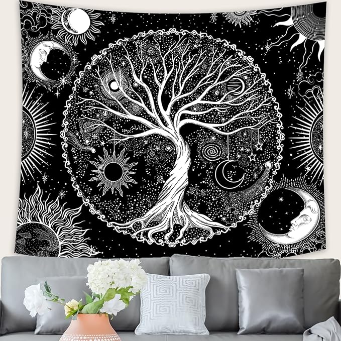 AACKart Tree of Life Tapestry for Bedroom Aesthetic Room Decor-Black and White Spiritual Tree Tapestry Wall Hanging with Sun Moon Star 59.1 x 51.2 inches-CasaMuseHome